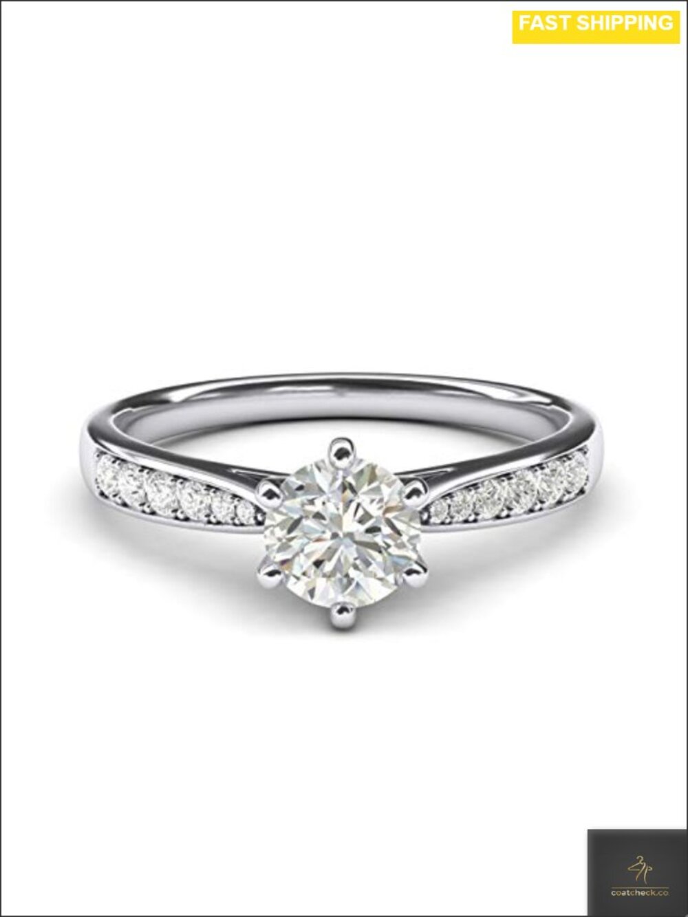14k White Gold 1.0 CT Moissanite 6-Prong Engagement Ring Graduated Side Stones